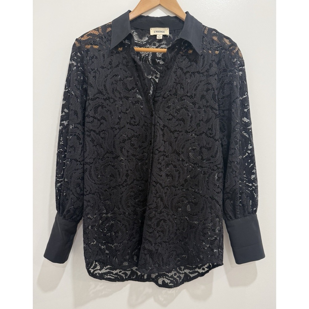L'AGENCE Floral Lace Button-Up Blouse Black Sheer Size S Whimsigoth